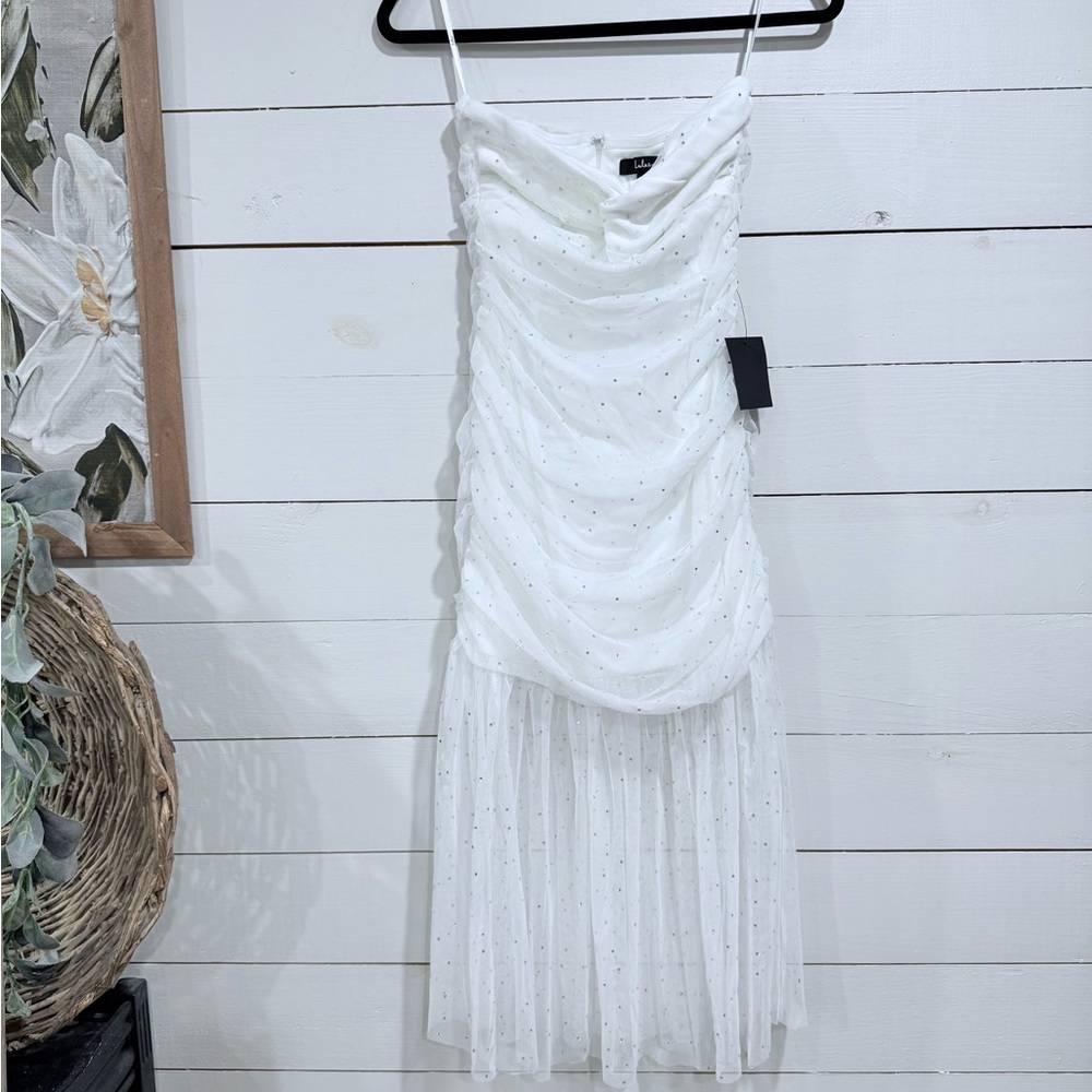 White Ruched Strapless Tulle Bodycon with Rhinestones
